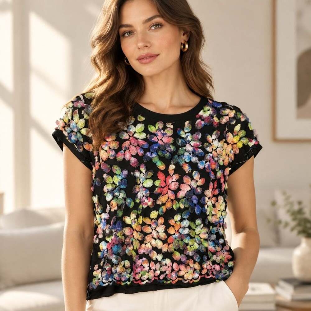 Karen Kane Floral Embroidered Top Size XL Black Multicolored Blouse
